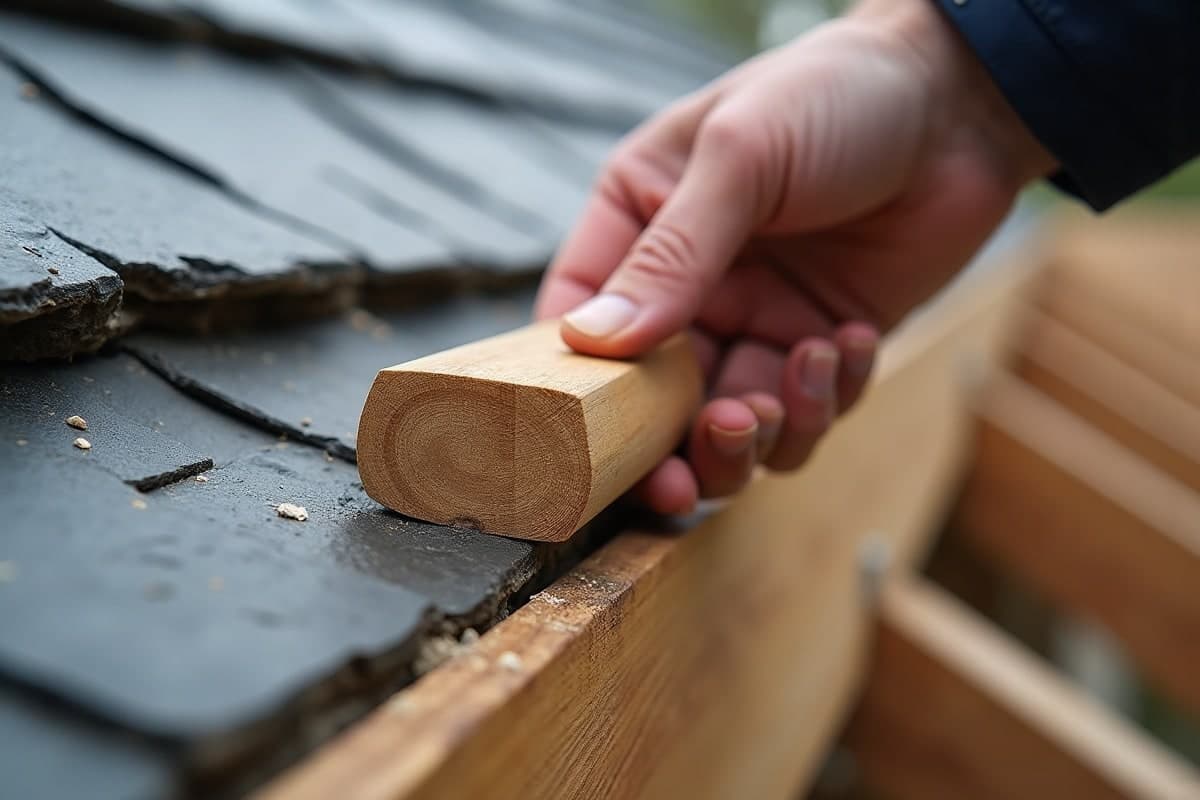 Main tenant une pièce de bois lors d'une reprise de charpente à Beauvais