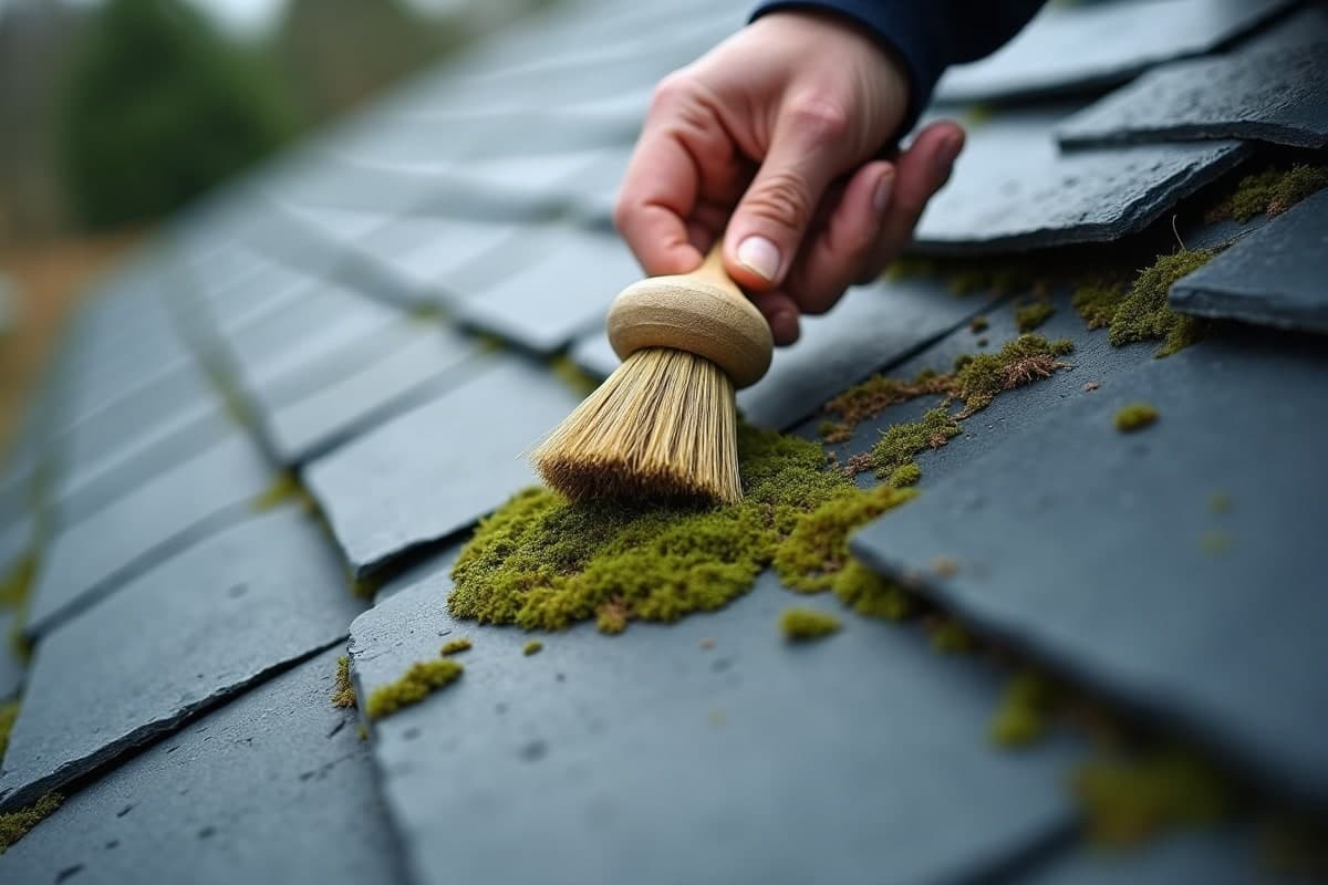 Brosse retirant la mousse entre des ardoises lors d'un traitement de toiture à Beauvais