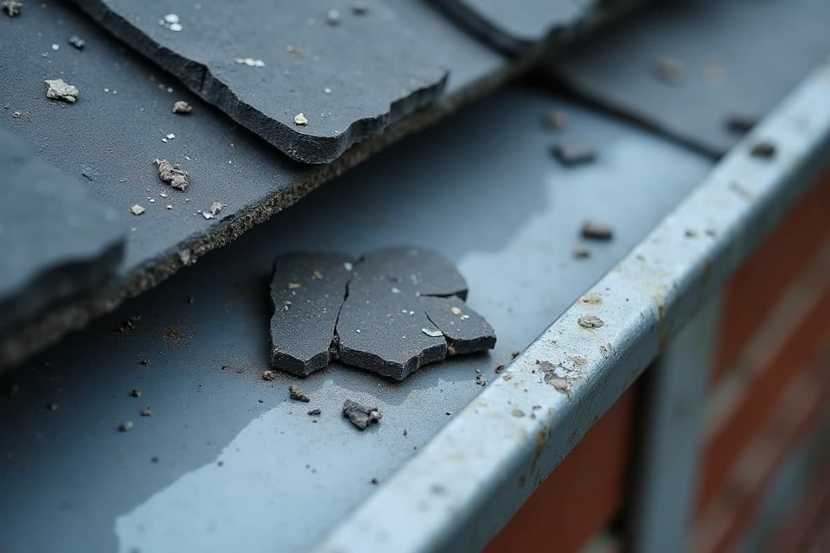 Fragment d'ardoise cassée dans une gouttière en zinc après une tempête à Beauvais