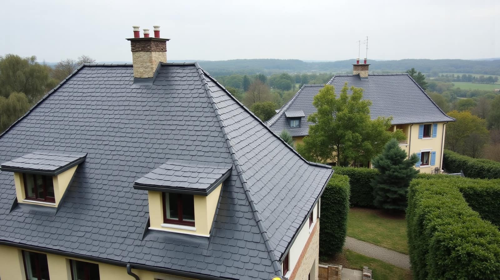 Versant de toiture en ardoise à deux lucarnes, avec souche de cheminée en pierre, sur une maison d'Auneuil