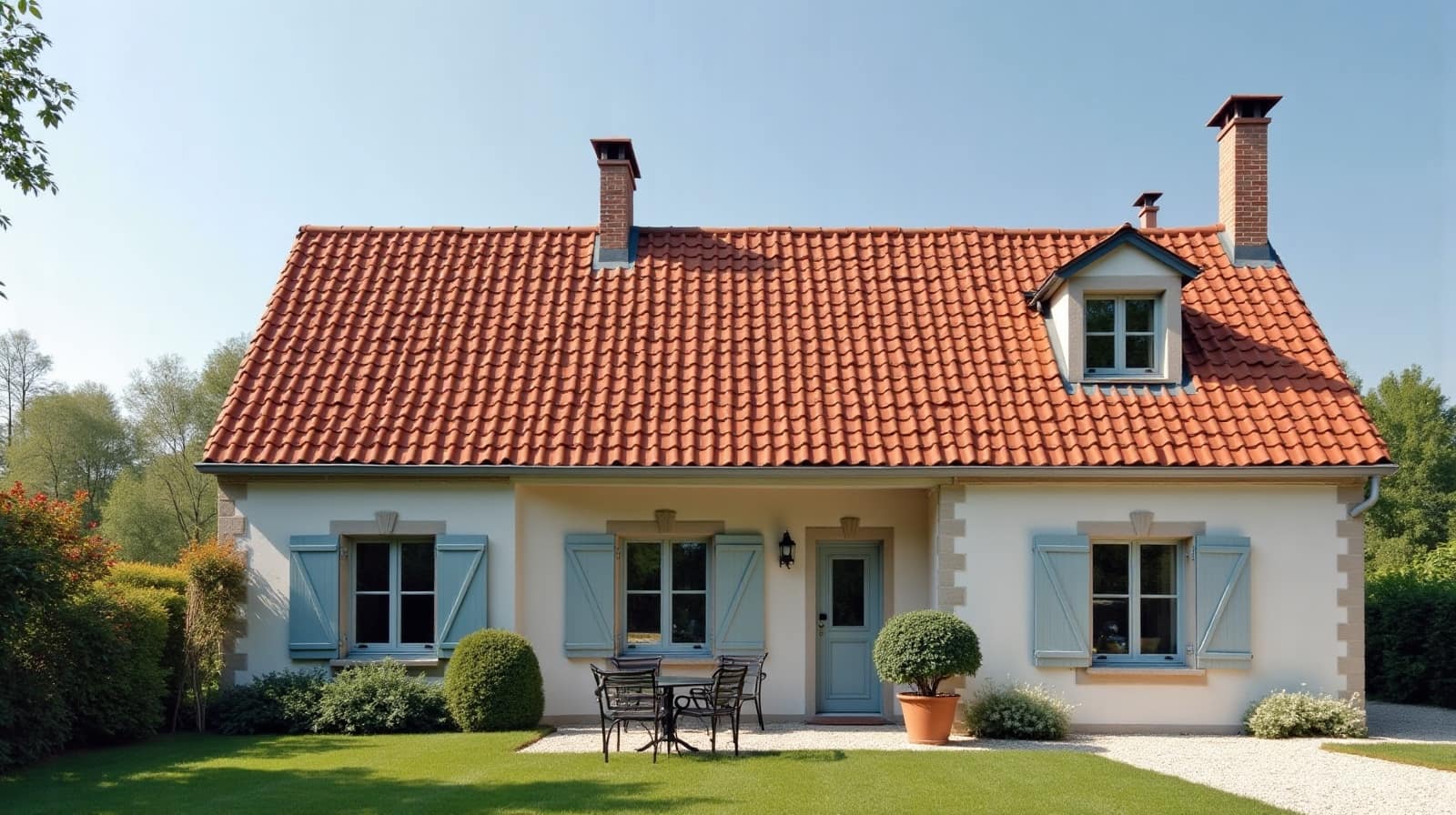 Maison aux volets bleu-gris et toiture en tuile plate à Aux Marais, terrasse et cheminées en brique