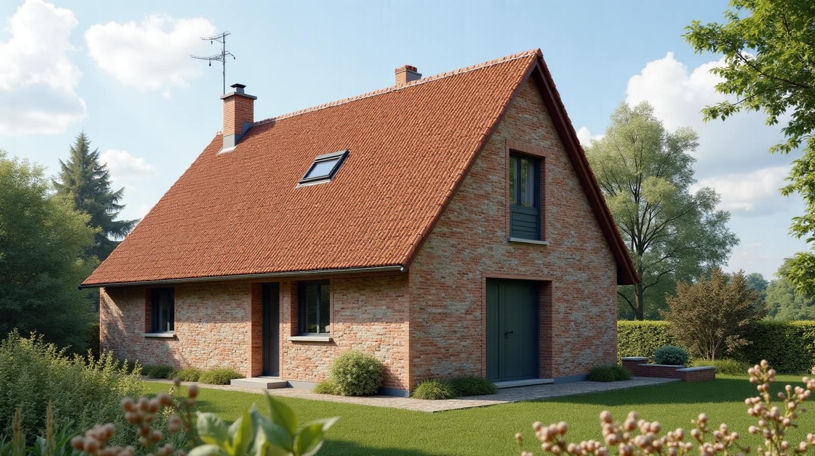 Maison en brique à Bailleul-sur-Thérain, toiture en tuile avec fenêtre de toit et cheminée
