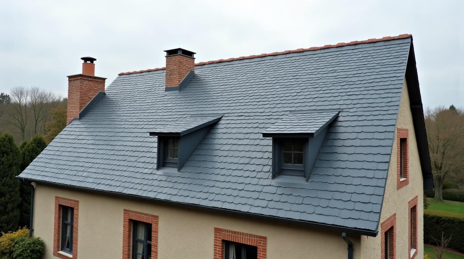 Détail d'une toiture d'ardoise sur une façade en pierre calcaire du centre de Beauvais