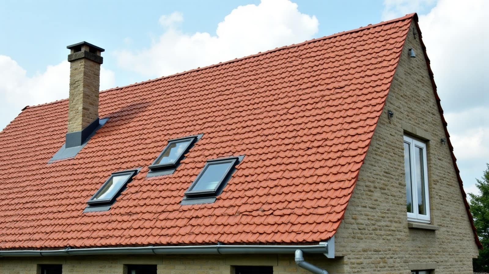 Pignon de toiture en tuile orangée à Bresles, avec cheminée en pierre claire et fenêtres de toit