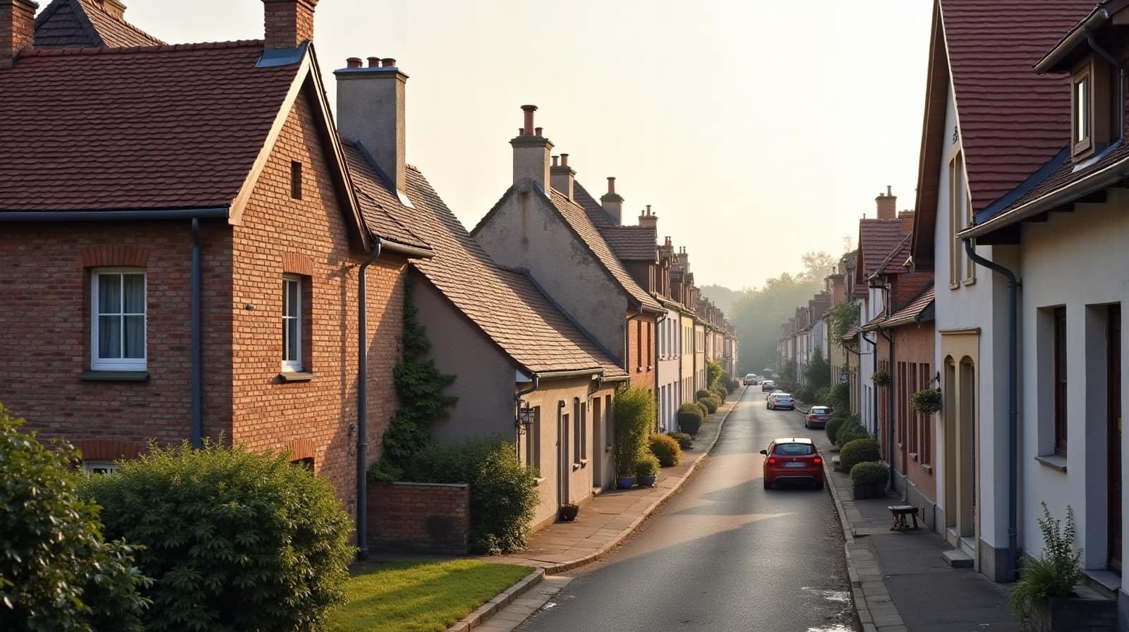 Rue commerçante de Bresles bordée de maisons en brique aux toits de tuile orangée