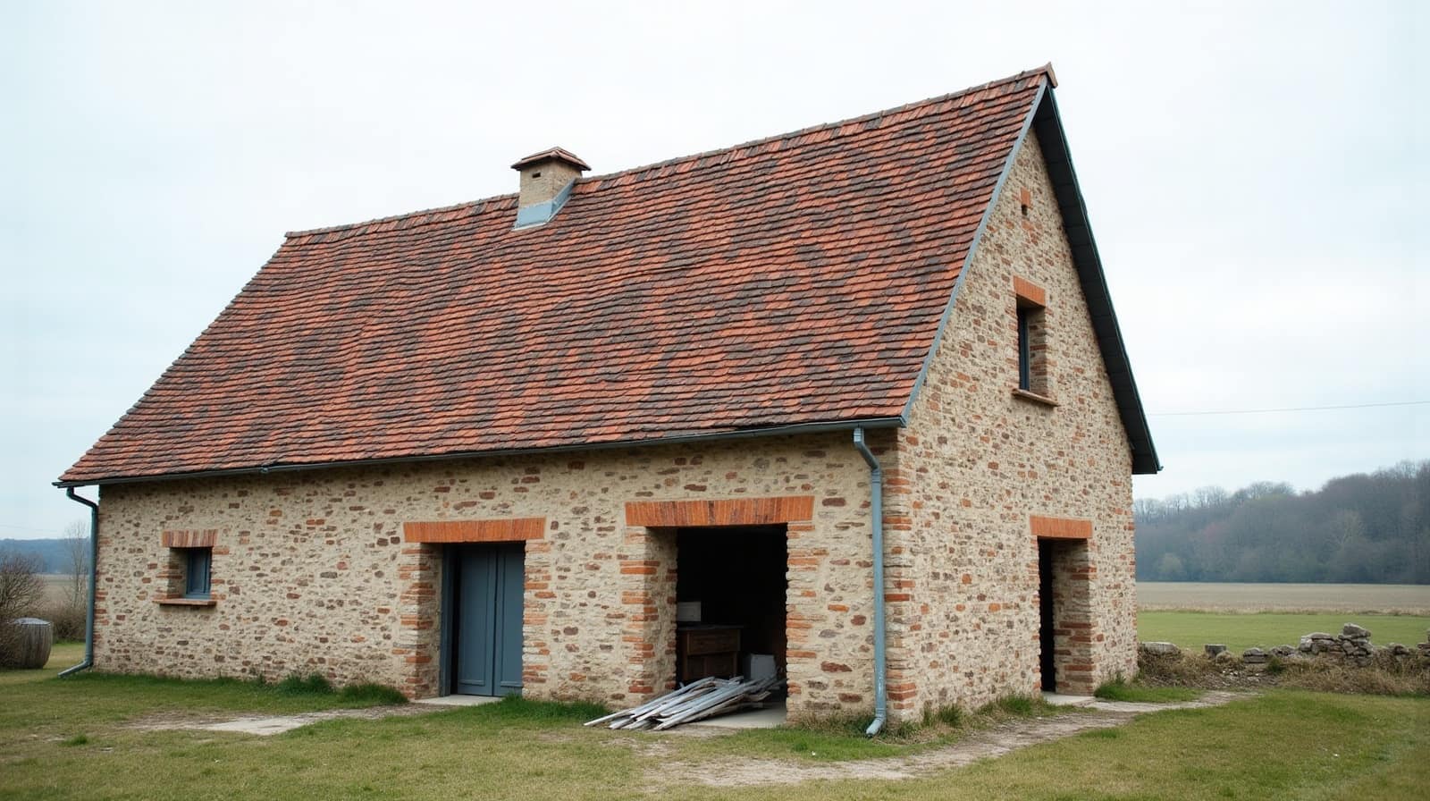 Ferme picarde en pierre à Crèvecœur-le-Grand, toiture en tuile mécanique et cheminée simple