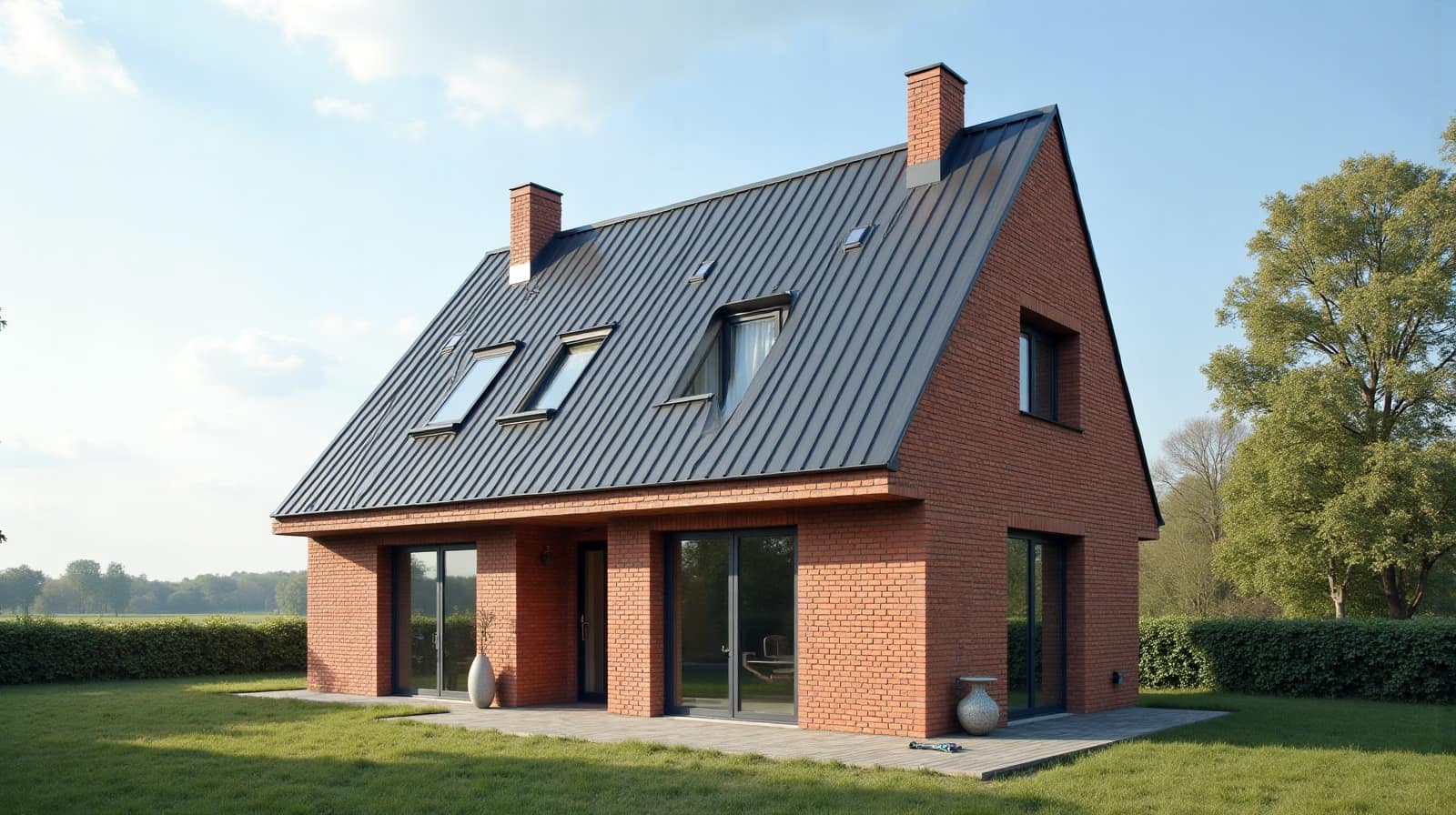 Maison en brique rouge à Goincourt, toit à pans en zinc sombre avec fenêtres de toit