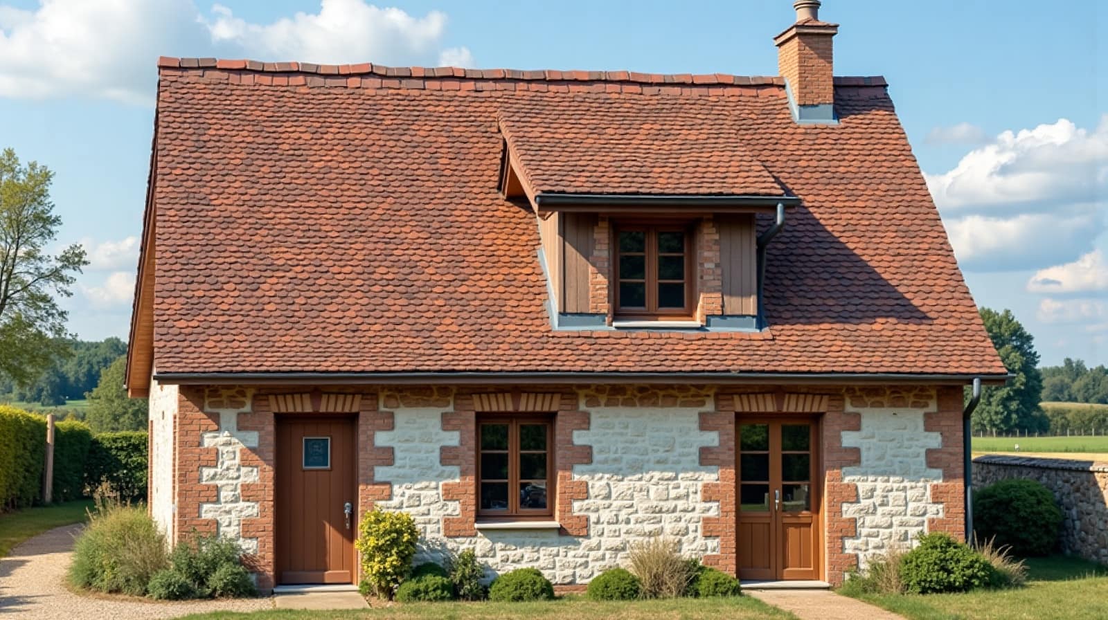 Maison à pierre et briques d'angle à Rochy-Condé, toiture en tuile orangée et lucarne à volets