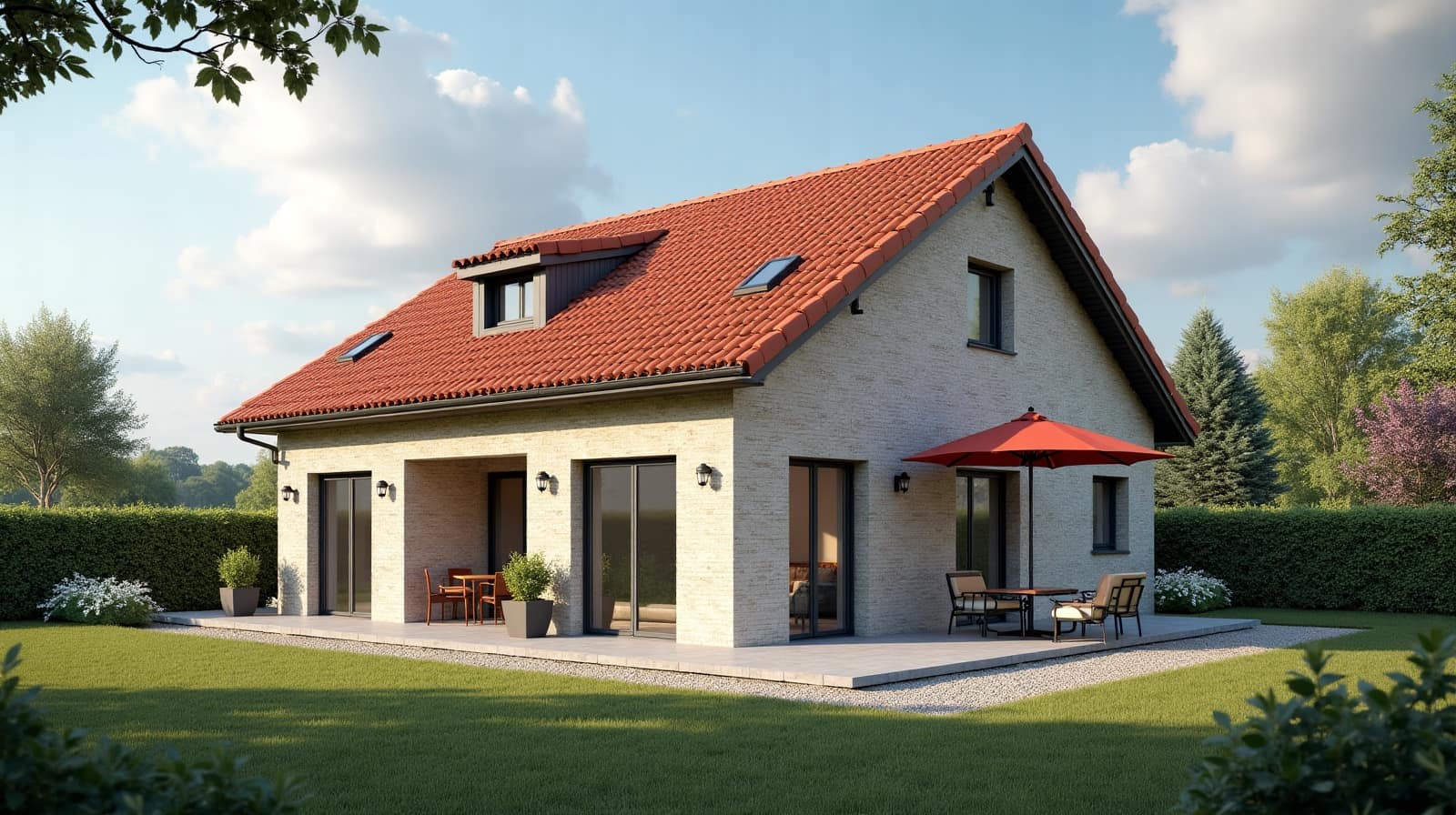 Pavillon contemporain à Saint-Martin-le-Nœud, toiture en tuile rouge et terrasse avec fenêtres de toit