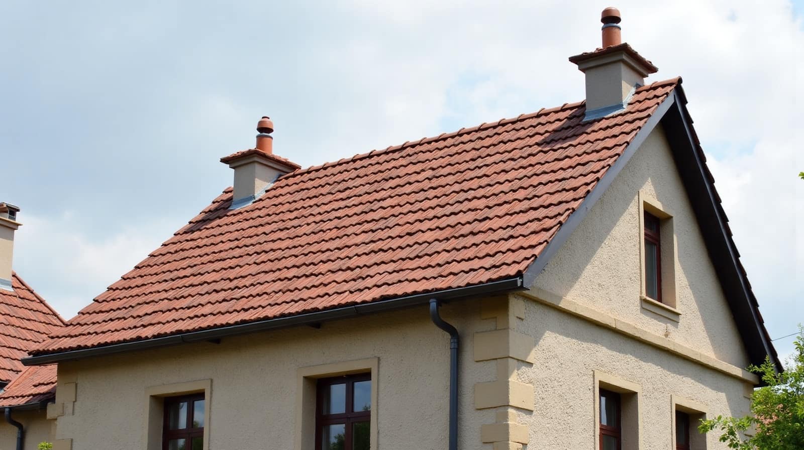Maison beige à Warluis, toiture en tuile et deux cheminées à chapeau, fenêtres à cadre rouge