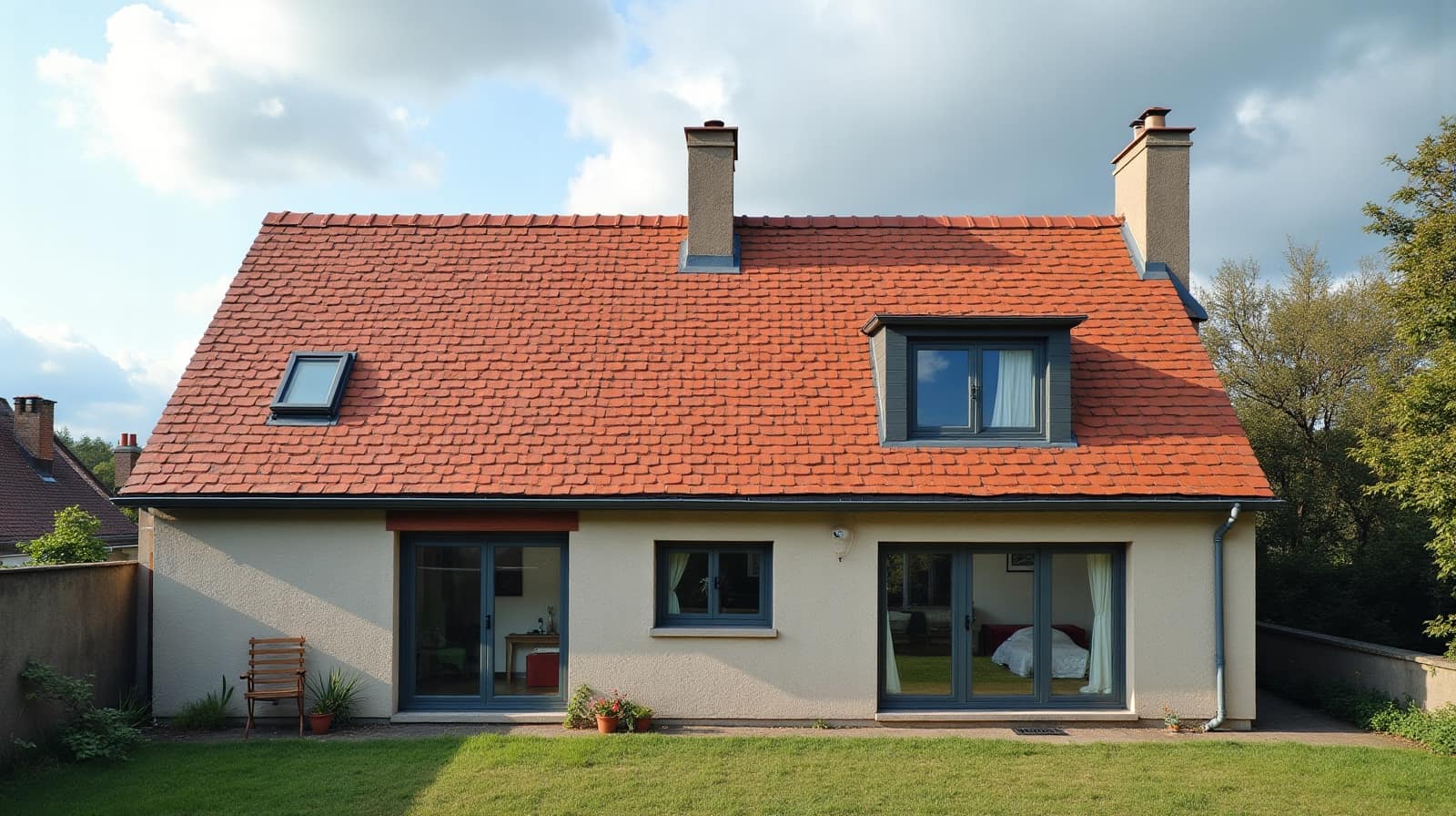 Maison vue depuis le jardin, toiture en tuiles plates orangées, deux lucarnes et cheminées jumelles