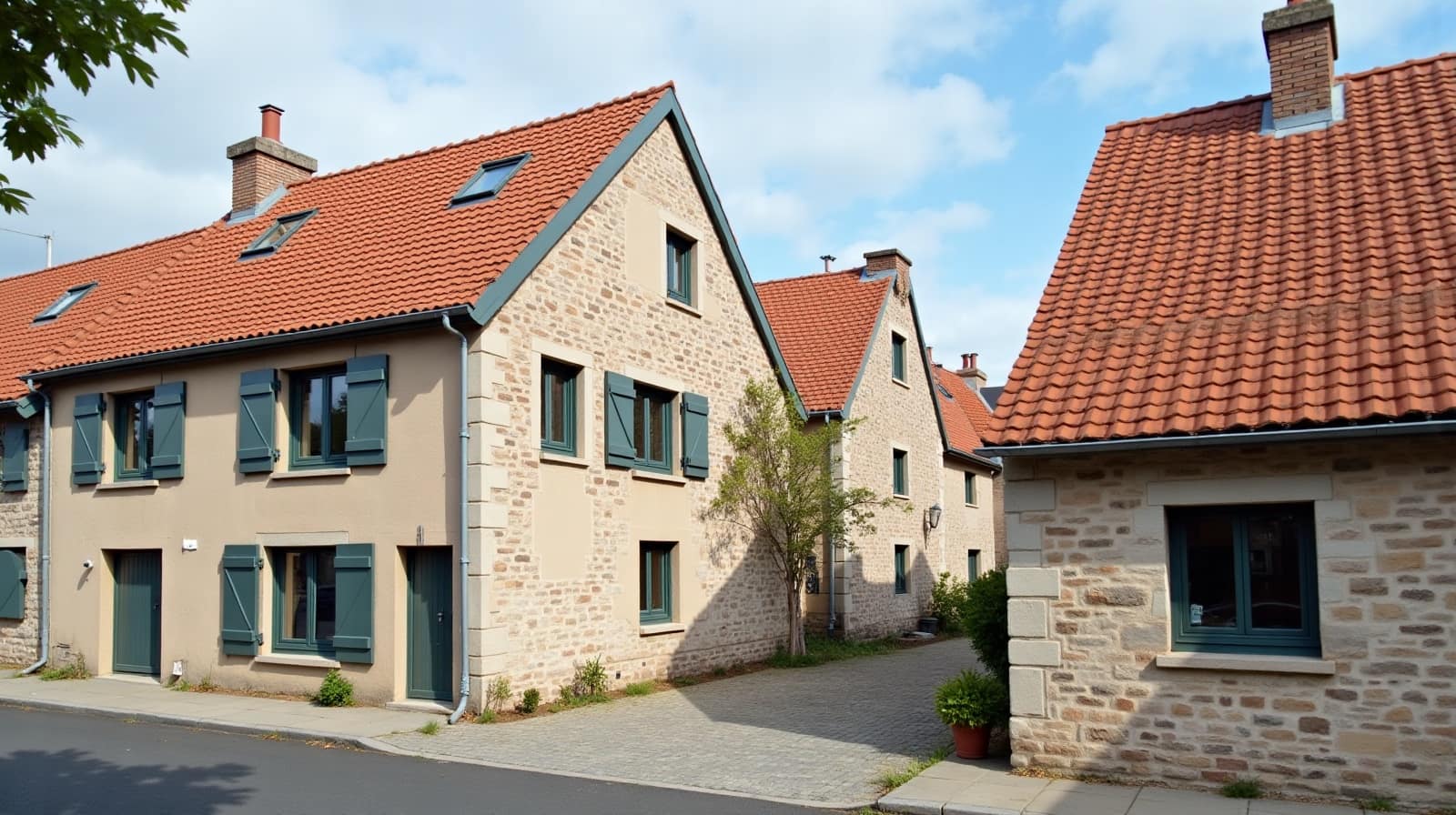 Rue de village avec maisons en pierre calcaire et toitures en tuiles orangées