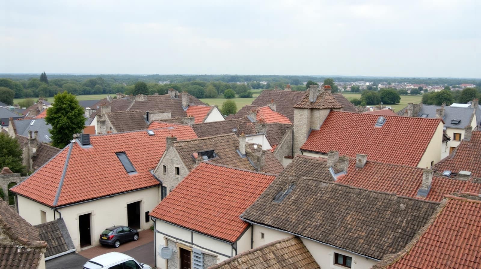Vue aérienne sur les toits d'une ville, mélange de tuiles orangées et d'ardoises grises
