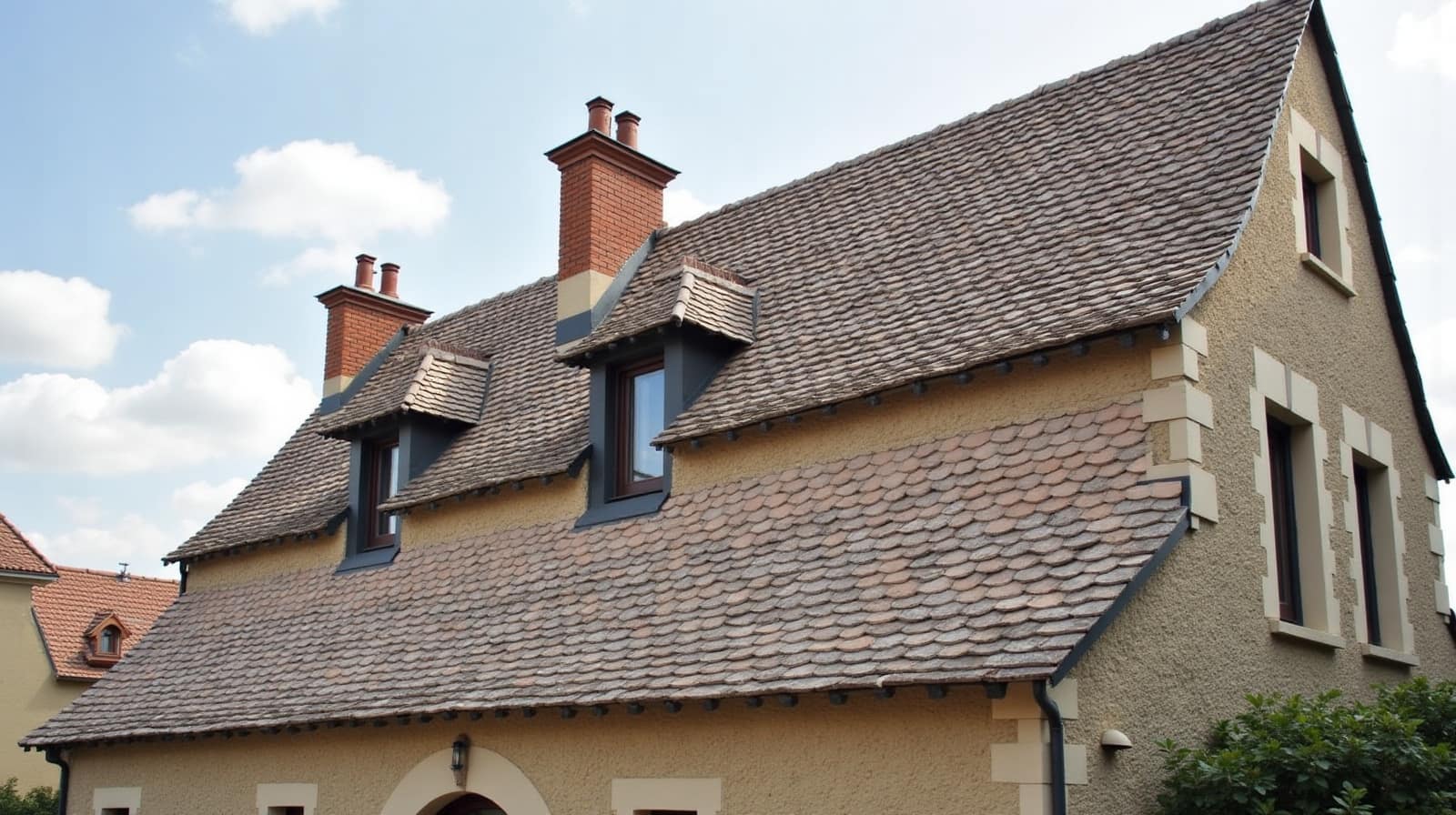 Toiture en tuiles plates avec deux lucarnes et cheminées en brique, façade enduite à chaînage de pierre