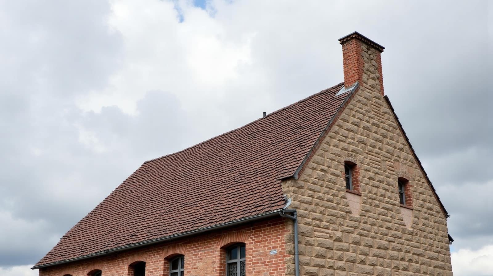 Pignon de toiture en tuiles plates brunes avec cheminée en brique sur base de pierre