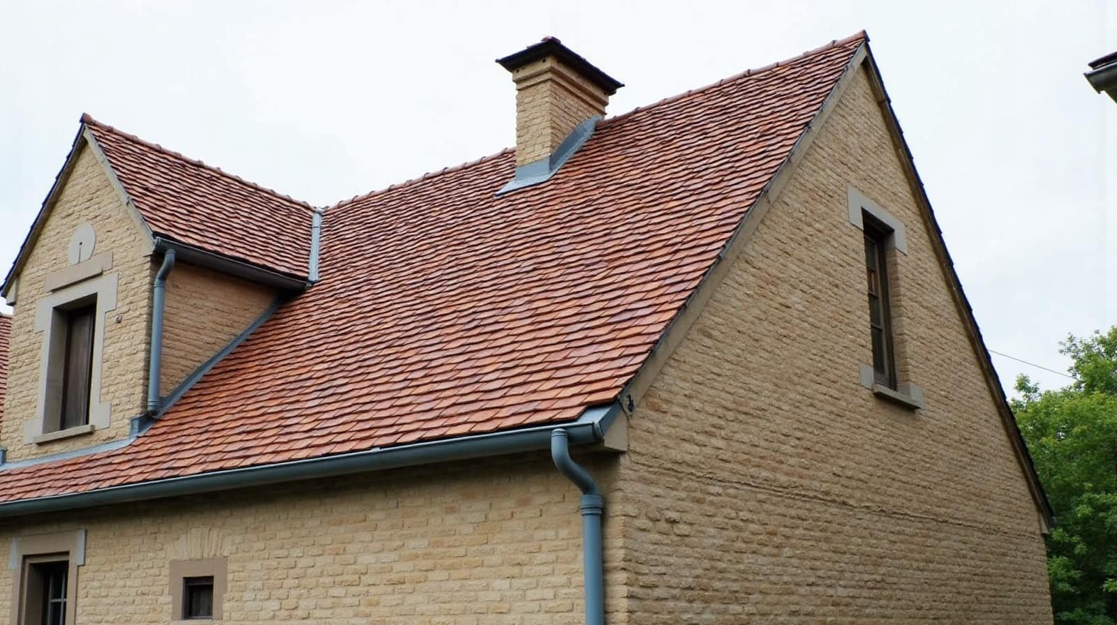Vue rapprochée d'un pignon en pierre calcaire, toiture en tuiles plates orangées et cheminée en brique