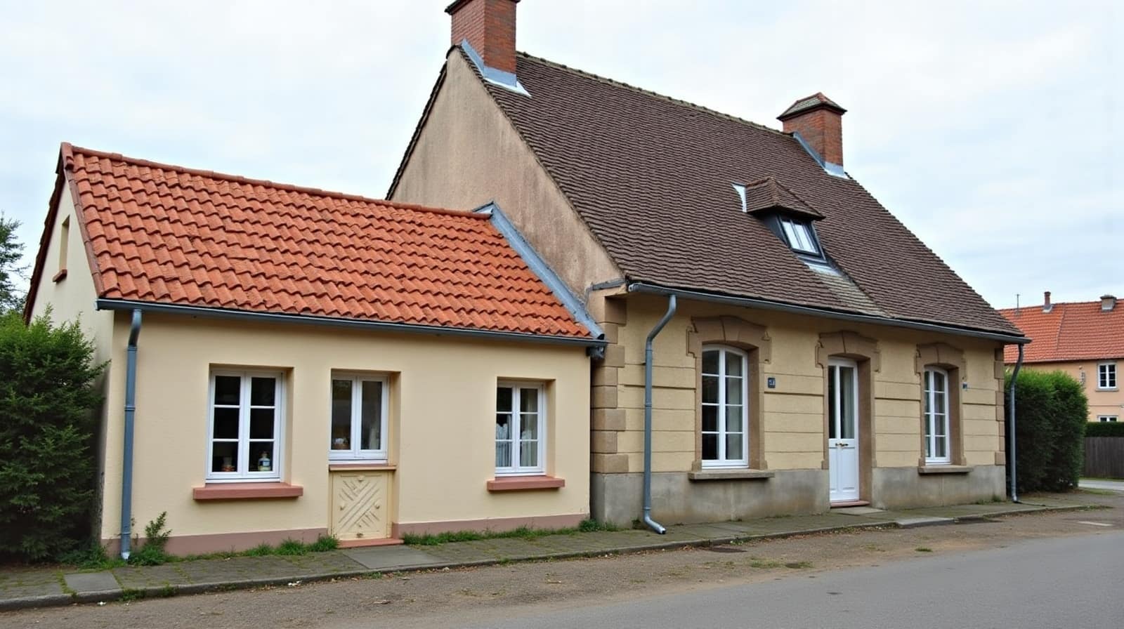 Rue de village avec deux maisons mitoyennes aux toitures de tuiles de teintes différentes