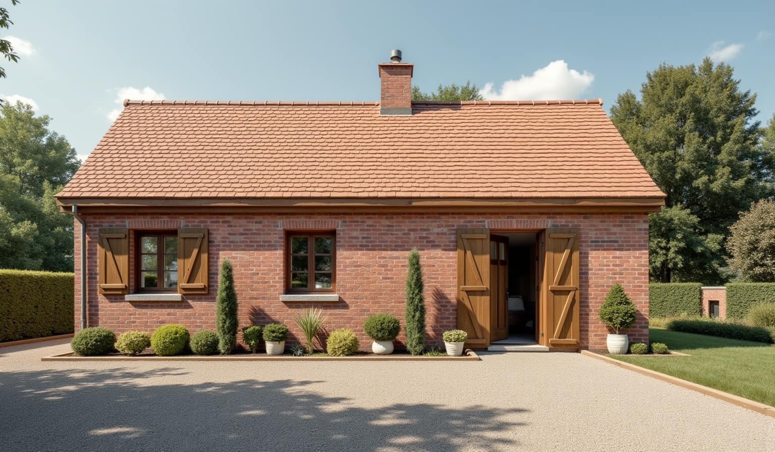 Bâtiment en briques rouges avec toiture en tuiles orangées, volets et porte en bois